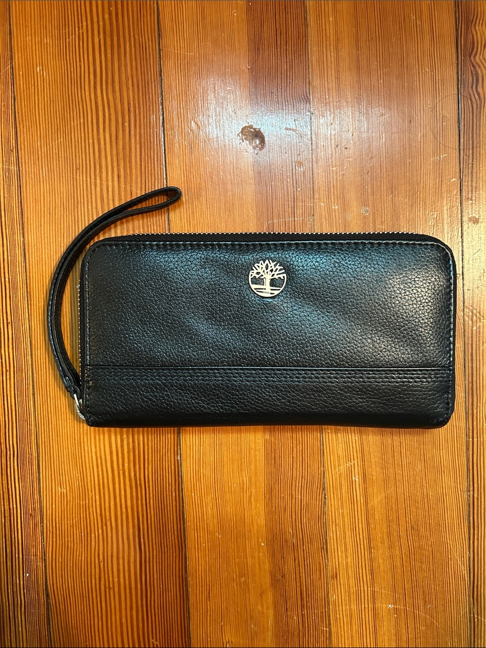 Timberland Black Leather Zip Wristlet Wallet with Silver Logo